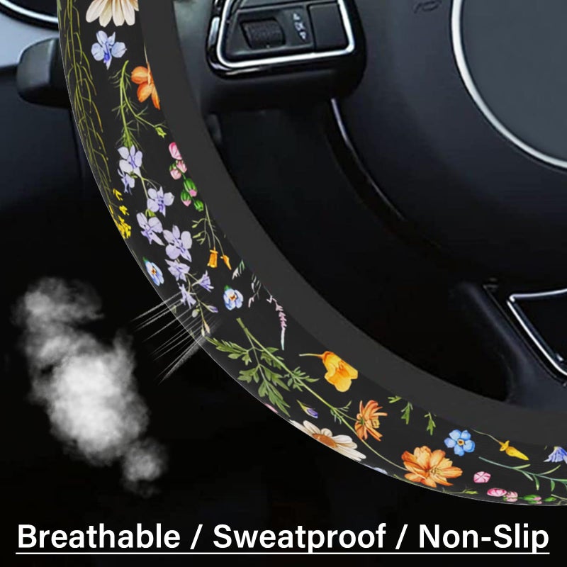 Pcnjozx Car Steering Wheel Cover for Women Men  Non-Slip Breathable Steering Wheel  Wildflower Steering Wheel Protector  Car Accessories  Universal 14"" 02/2-15"" Fit Auto  Suvs - Image 4
